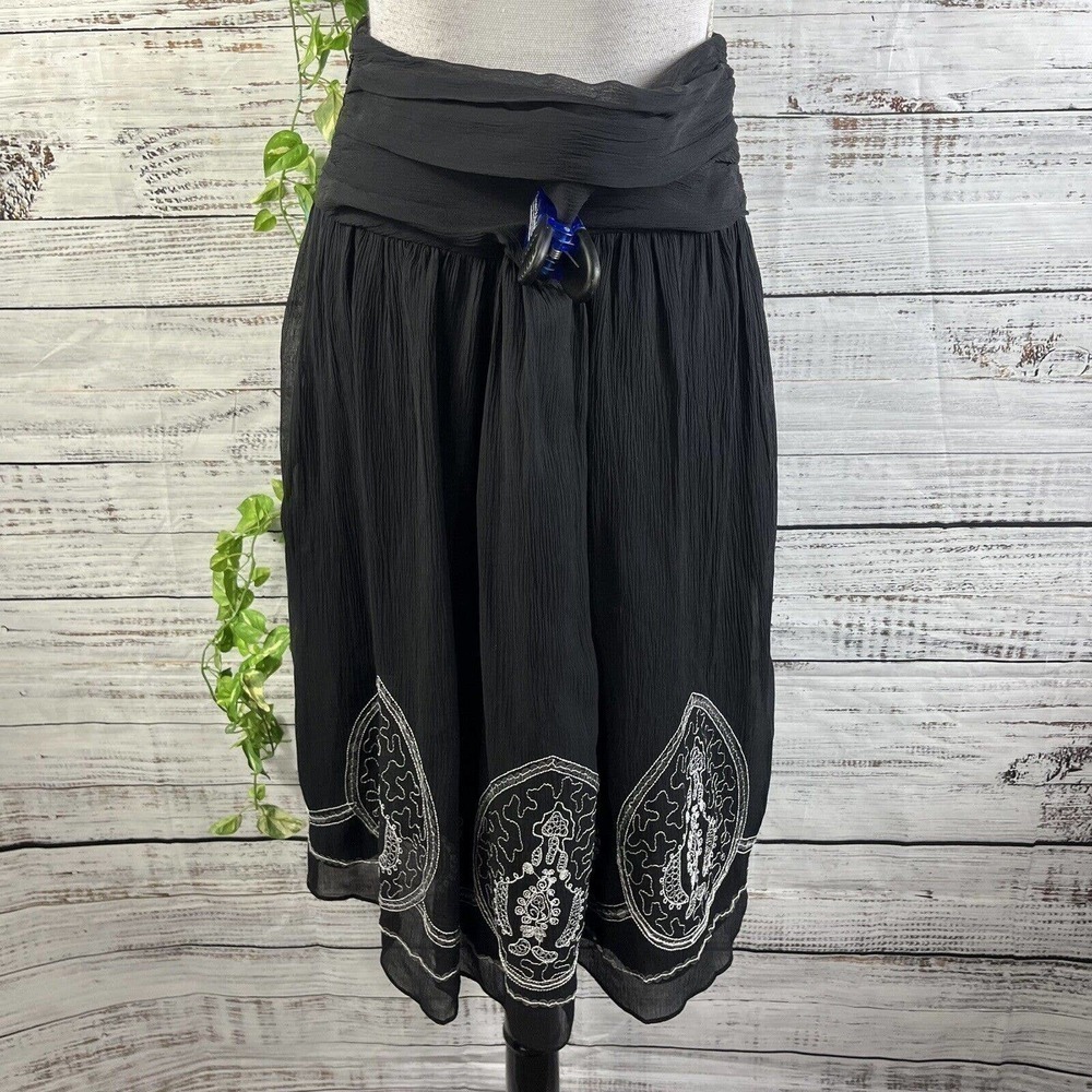 Nygard Skirt size 6 Black Sheer Crinkle Paisley Sequins Knee Full Boho Modest - Picture 10 of 11